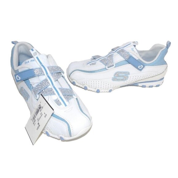 SKECHERS white & blue Chickadee sneakers hook & loop closure women's size 4 NEW - Picture 1 of 8